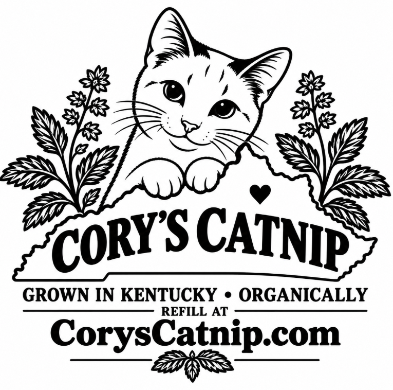 Cory’s Catnip logo: a cat with catnip leaves above a Kentucky outline. Grown in Kentucky, organically. Refill at CorysCatnip.com.